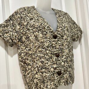 Anthropologie Handknit by Dollie Cream & Black Nubby Short Sleeve Cardi Size L,